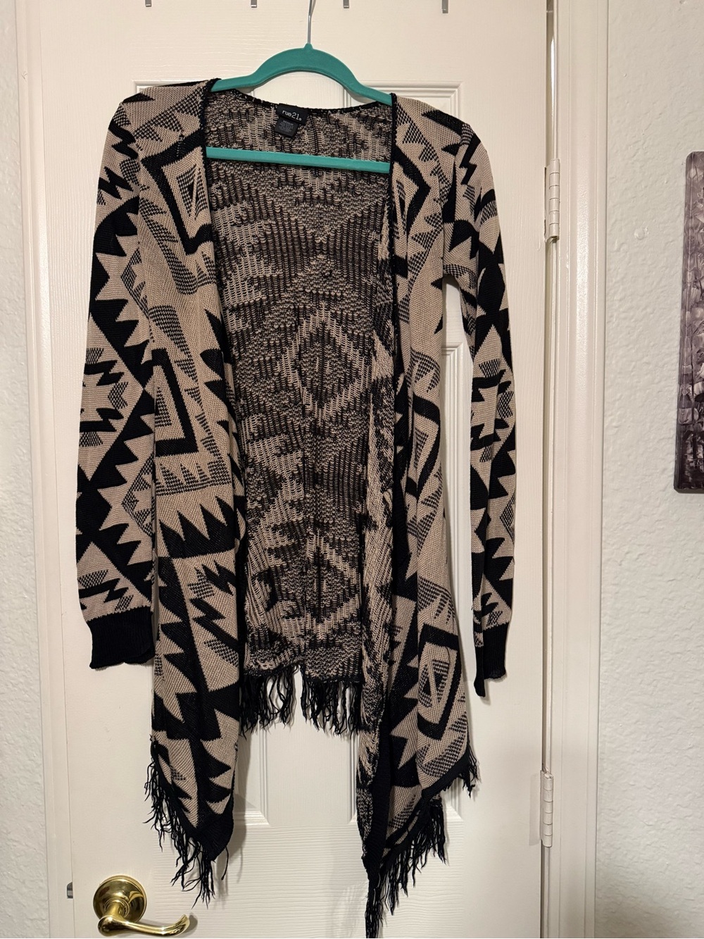 Rue21 Black & Tan Aztec Fringe Open-Front Cardigan